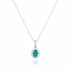 Collana in Oro Bianco con Smeraldo Ovale 0,40ct  e Diamanti